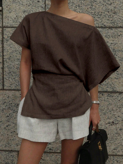 DAZY Women Solid Color Asymmetric Collar Batwing Sleeve Fashionable Blouse Linen Y2k School