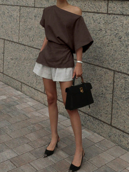 DAZY Women Solid Color Asymmetric Collar Batwing Sleeve Fashionable Blouse Linen Y2k School