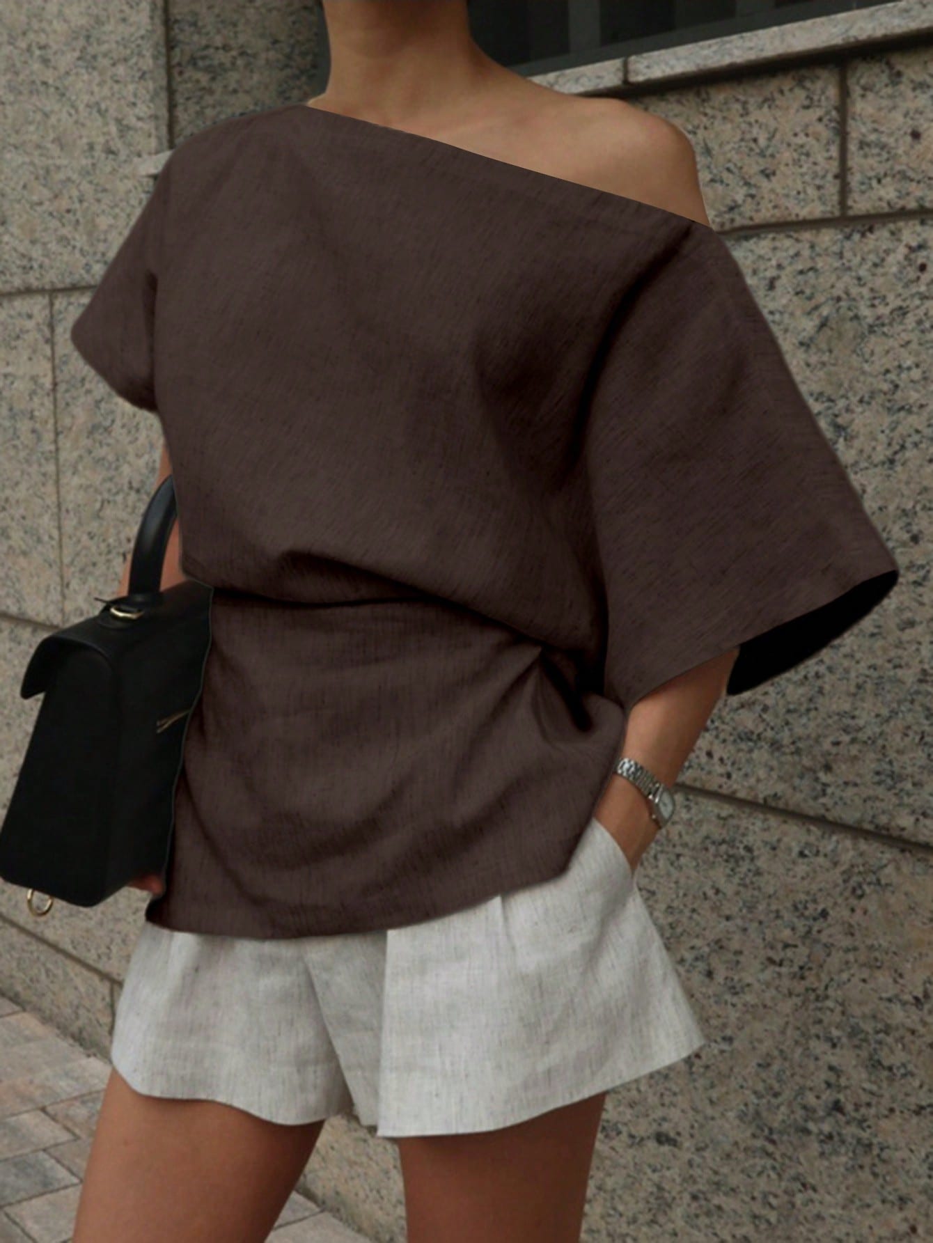 DAZY Women Solid Color Asymmetric Collar Batwing Sleeve Fashionable Blouse Linen Y2k School
