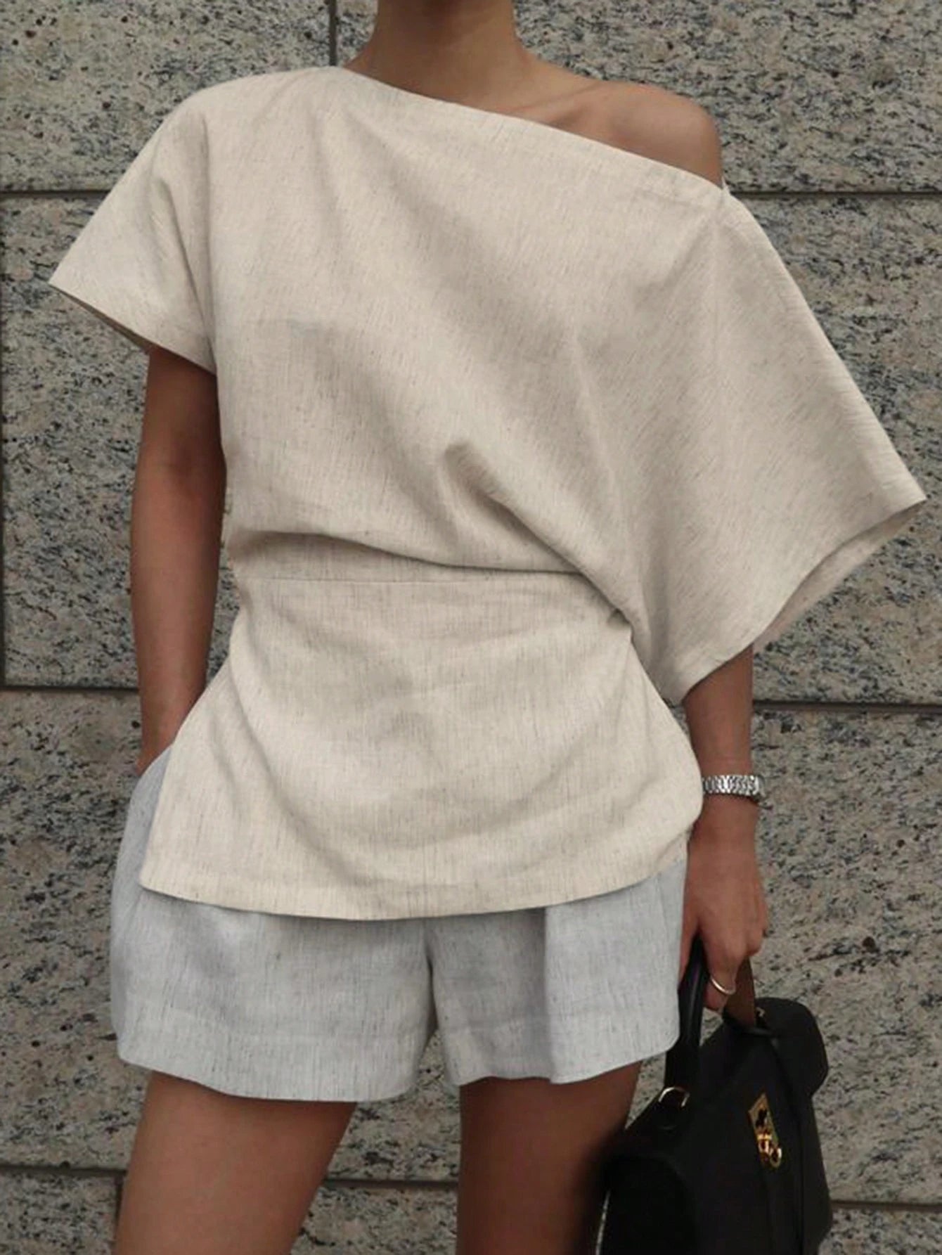 DAZY Women Solid Color Asymmetric Collar Batwing Sleeve Fashionable Blouse Linen Y2k School