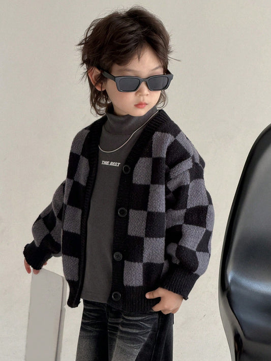 DAZY Young Boy Fashionable Street Style Checkered Pattern Dropped Shoulder Loose Button-Up Cardigan, Autumn/Winter