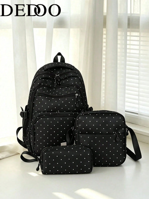 Dedoo Backpack Crossbody Bag Pencil Case 3Pcs,Black White Polka Dot Print, No Pendant Multi Zipper Pockets Side Mesh Bag Large Layered Storage For Students