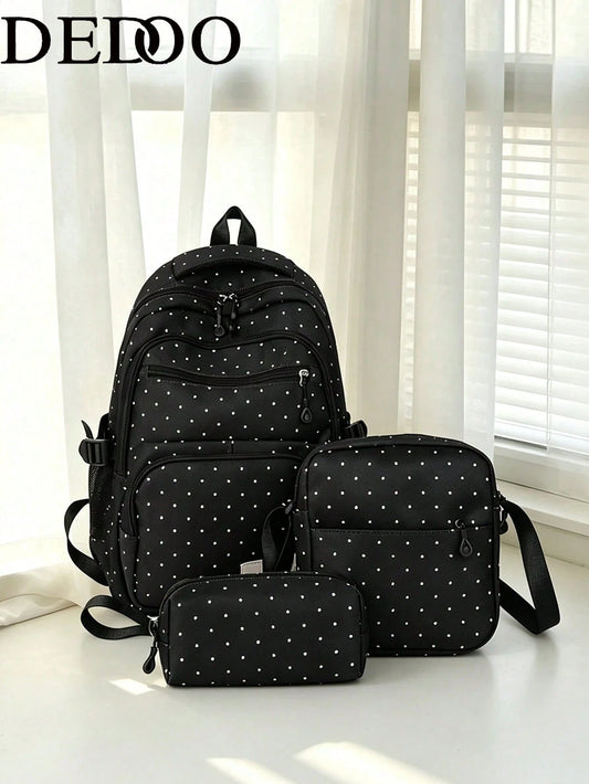 Dedoo Backpack Crossbody Bag Pencil Case 3Pcs,Black White Polka Dot Print, No Pendant Multi Zipper Pockets Side Mesh Bag Large Layered Storage For Students