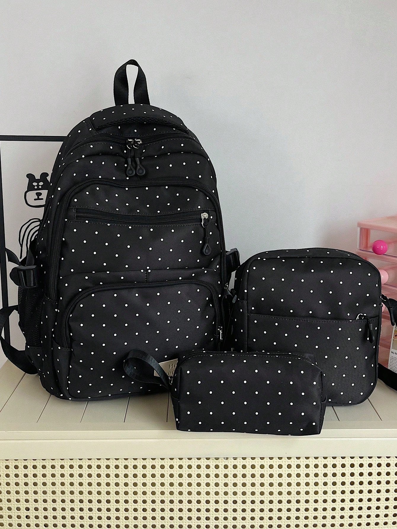 Dedoo Backpack Crossbody Bag Pencil Case 3Pcs,Black White Polka Dot Print, No Pendant Multi Zipper Pockets Side Mesh Bag Large Layered Storage For Students