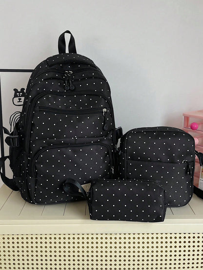 Dedoo Backpack Crossbody Bag Pencil Case 3Pcs,Black White Polka Dot Print, No Pendant Multi Zipper Pockets Side Mesh Bag Large Layered Storage For Students