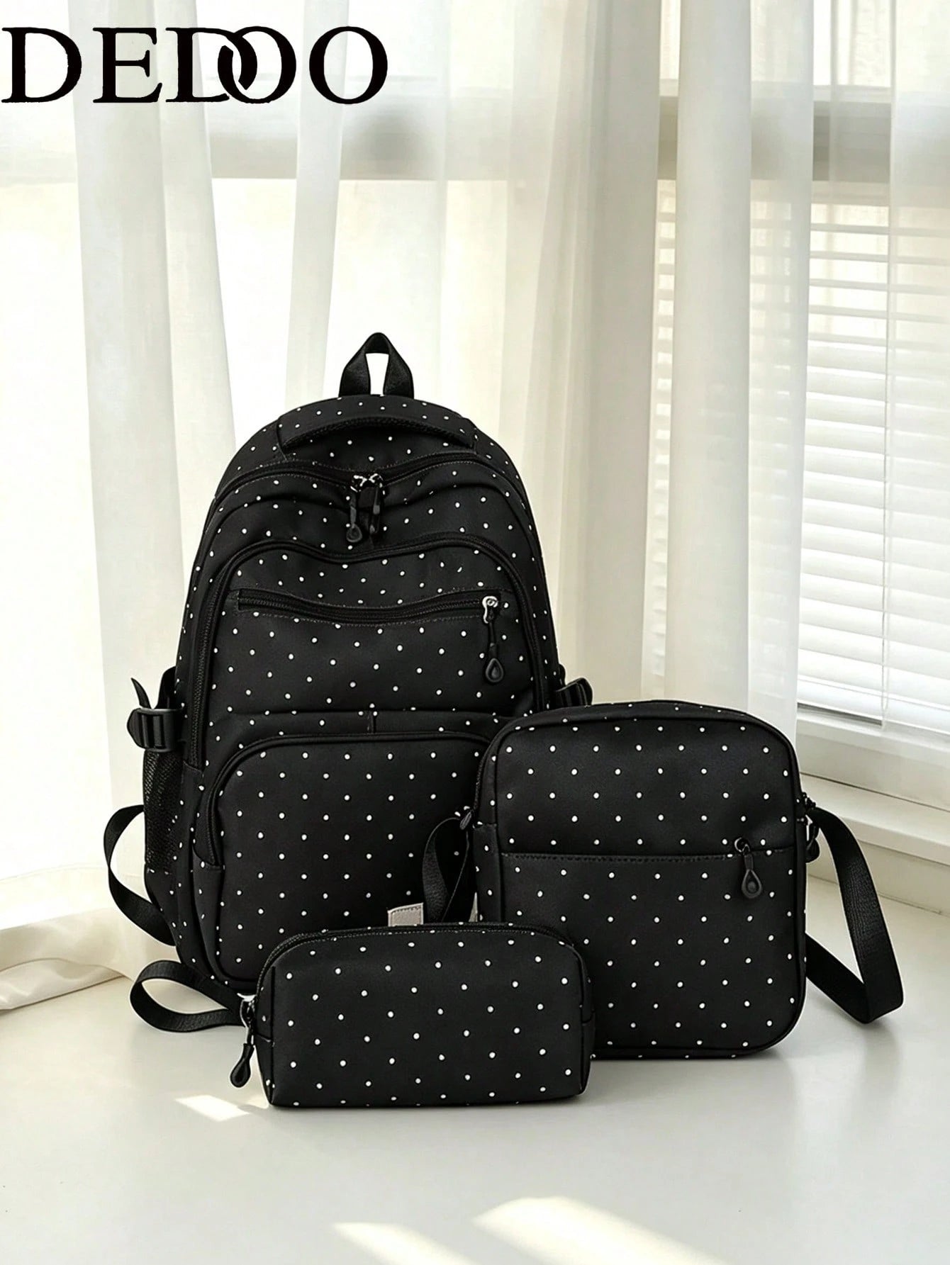 Dedoo Backpack Crossbody Bag Pencil Case 3Pcs,Black White Polka Dot Print, No Pendant Multi Zipper Pockets Side Mesh Bag Large Layered Storage For Students