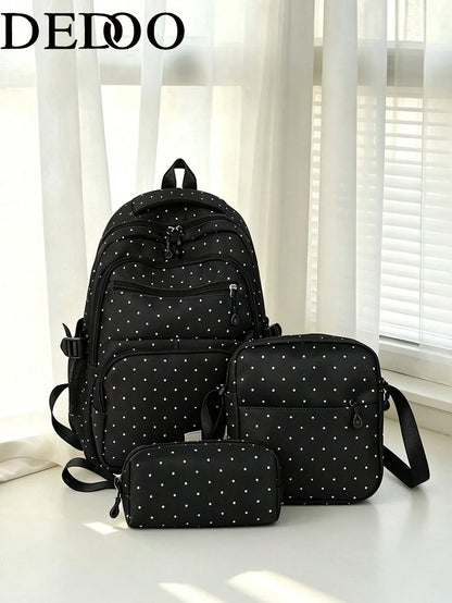 Dedoo Backpack Crossbody Bag Pencil Case 3Pcs,Black White Polka Dot Print, No Pendant Multi Zipper Pockets Side Mesh Bag Large Layered Storage For Students