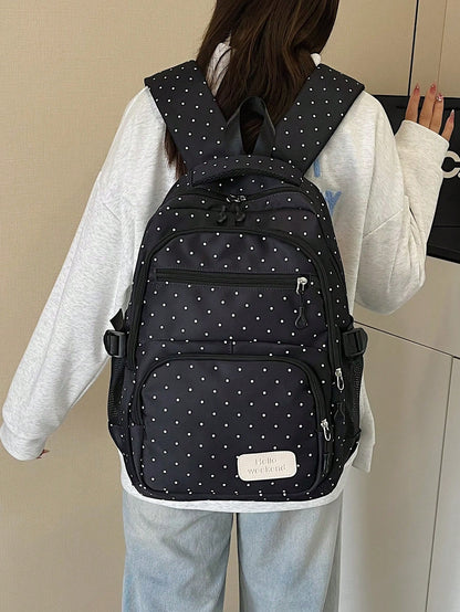 Dedoo Backpack Crossbody Bag Pencil Case 3Pcs,Black White Polka Dot Print, No Pendant Multi Zipper Pockets Side Mesh Bag Large Layered Storage For Students
