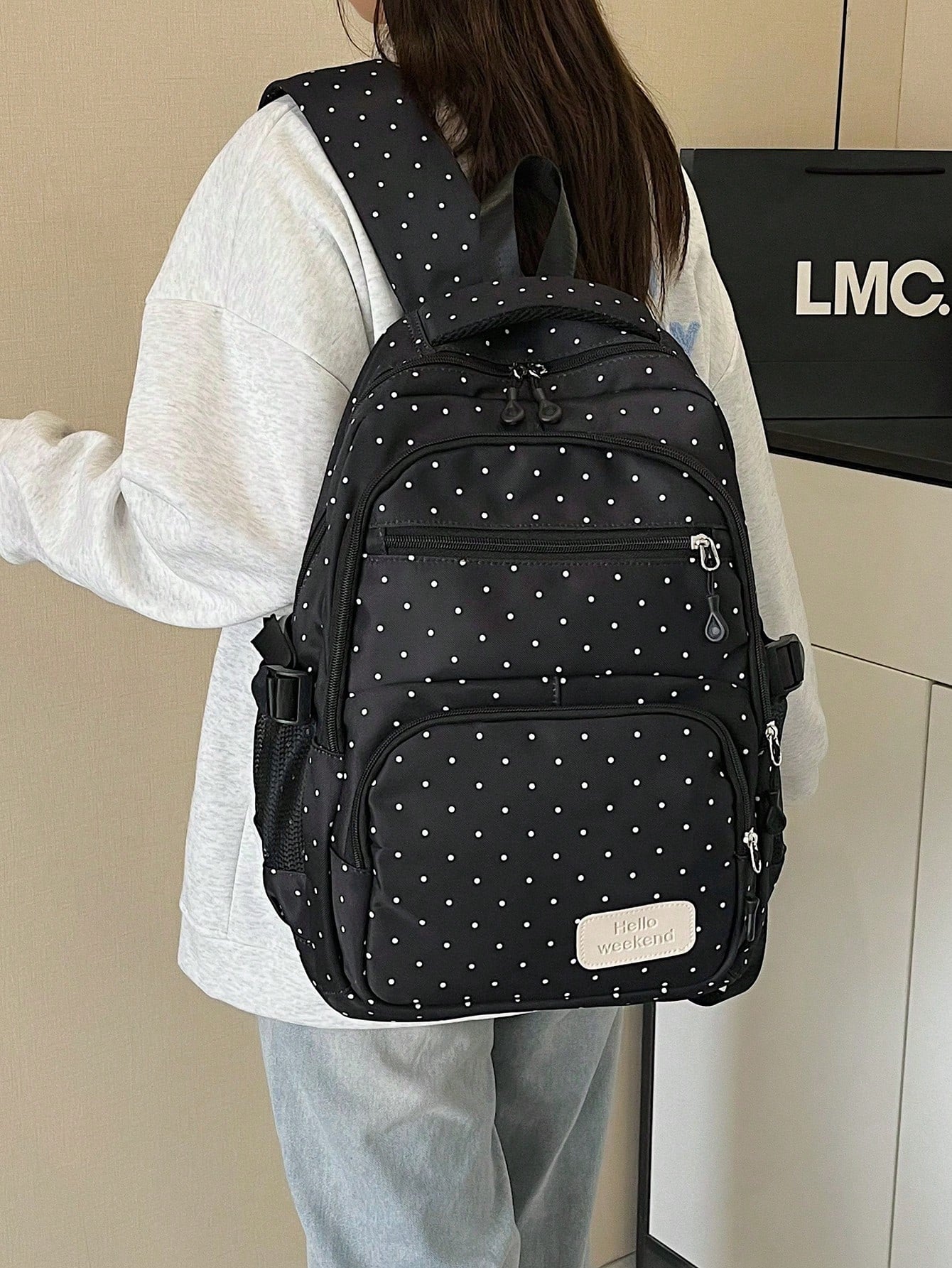 Dedoo Backpack Crossbody Bag Pencil Case 3Pcs,Black White Polka Dot Print, No Pendant Multi Zipper Pockets Side Mesh Bag Large Layered Storage For Students