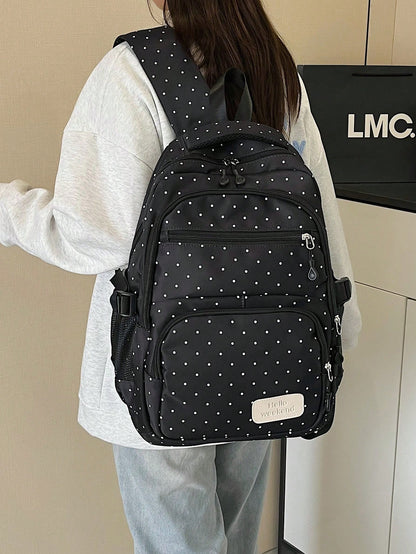 Dedoo Backpack Crossbody Bag Pencil Case 3Pcs,Black White Polka Dot Print, No Pendant Multi Zipper Pockets Side Mesh Bag Large Layered Storage For Students