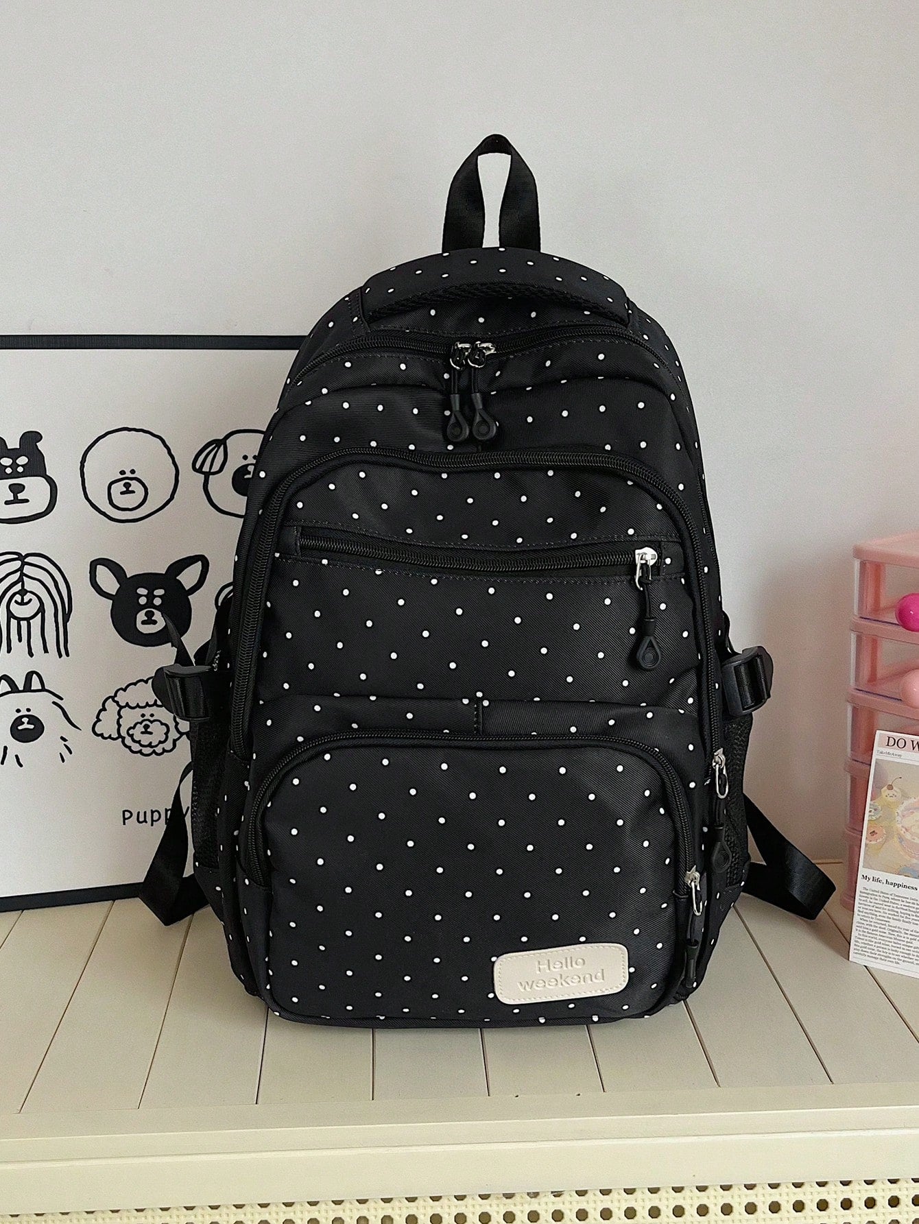 Dedoo Backpack Crossbody Bag Pencil Case 3Pcs,Black White Polka Dot Print, No Pendant Multi Zipper Pockets Side Mesh Bag Large Layered Storage For Students