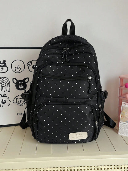Dedoo Backpack Crossbody Bag Pencil Case 3Pcs,Black White Polka Dot Print, No Pendant Multi Zipper Pockets Side Mesh Bag Large Layered Storage For Students