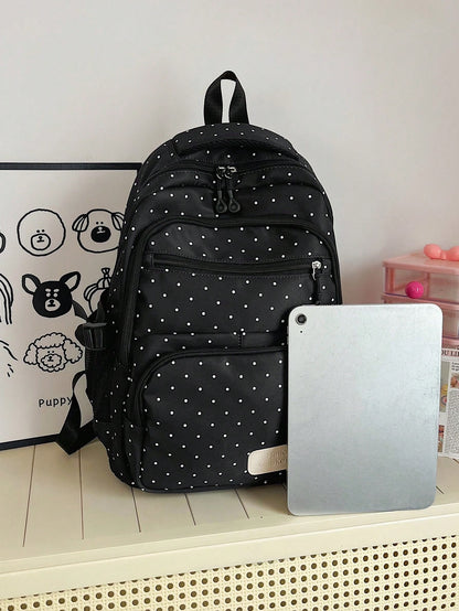 Dedoo Backpack Crossbody Bag Pencil Case 3Pcs,Black White Polka Dot Print, No Pendant Multi Zipper Pockets Side Mesh Bag Large Layered Storage For Students