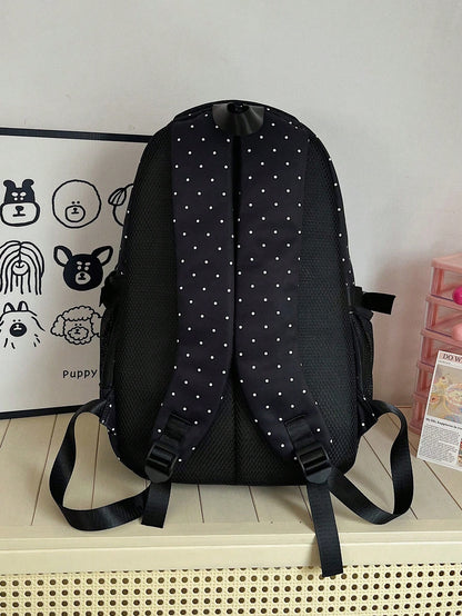 Dedoo Backpack Crossbody Bag Pencil Case 3Pcs,Black White Polka Dot Print, No Pendant Multi Zipper Pockets Side Mesh Bag Large Layered Storage For Students