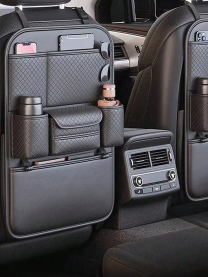 Diamond Quilted PU Leather Car Seat Back Organizer, Large Capacity Backseat Storage Bag With Multi Pockets, Dual Cup Holders & Tissue Box Slot, Universal Car Back Storage Caddy For Family Road Trip
