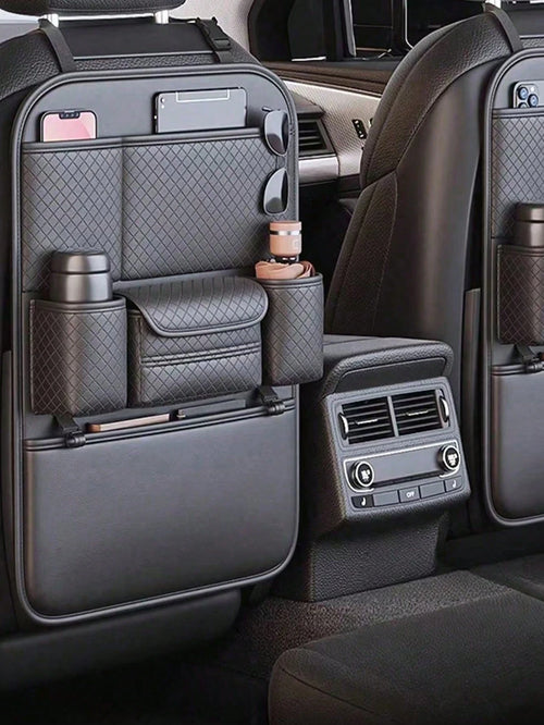 Diamond Quilted PU Leather Car Seat Back Organizer, Large Capacity Backseat Storage Bag With Multi Pockets, Dual Cup Holders & Tissue Box Slot, Universal Car Back Storage Caddy For Family Road Trip