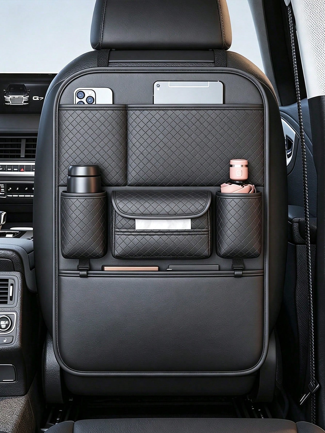 Diamond Quilted PU Leather Car Seat Back Organizer, Large Capacity Backseat Storage Bag With Multi Pockets, Dual Cup Holders & Tissue Box Slot, Universal Car Back Storage Caddy For Family Road Trip