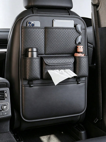 Diamond Quilted PU Leather Car Seat Back Organizer, Large Capacity Backseat Storage Bag With Multi Pockets, Dual Cup Holders & Tissue Box Slot, Universal Car Back Storage Caddy For Family Road Trip