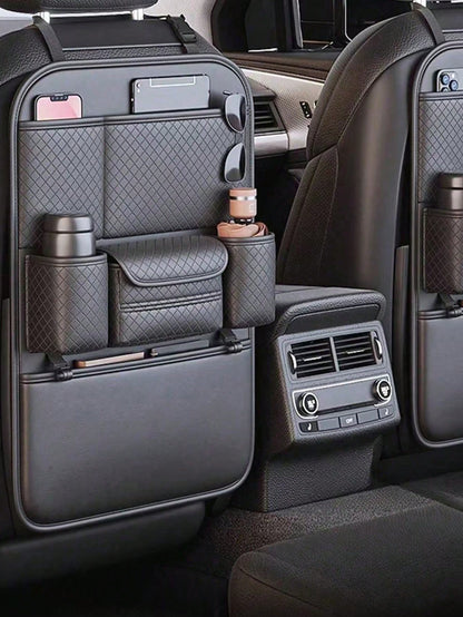 Diamond Quilted PU Leather Car Seat Back Organizer, Large Capacity Backseat Storage Bag With Multi Pockets, Dual Cup Holders & Tissue Box Slot, Universal Car Back Storage Caddy For Family Road Trip