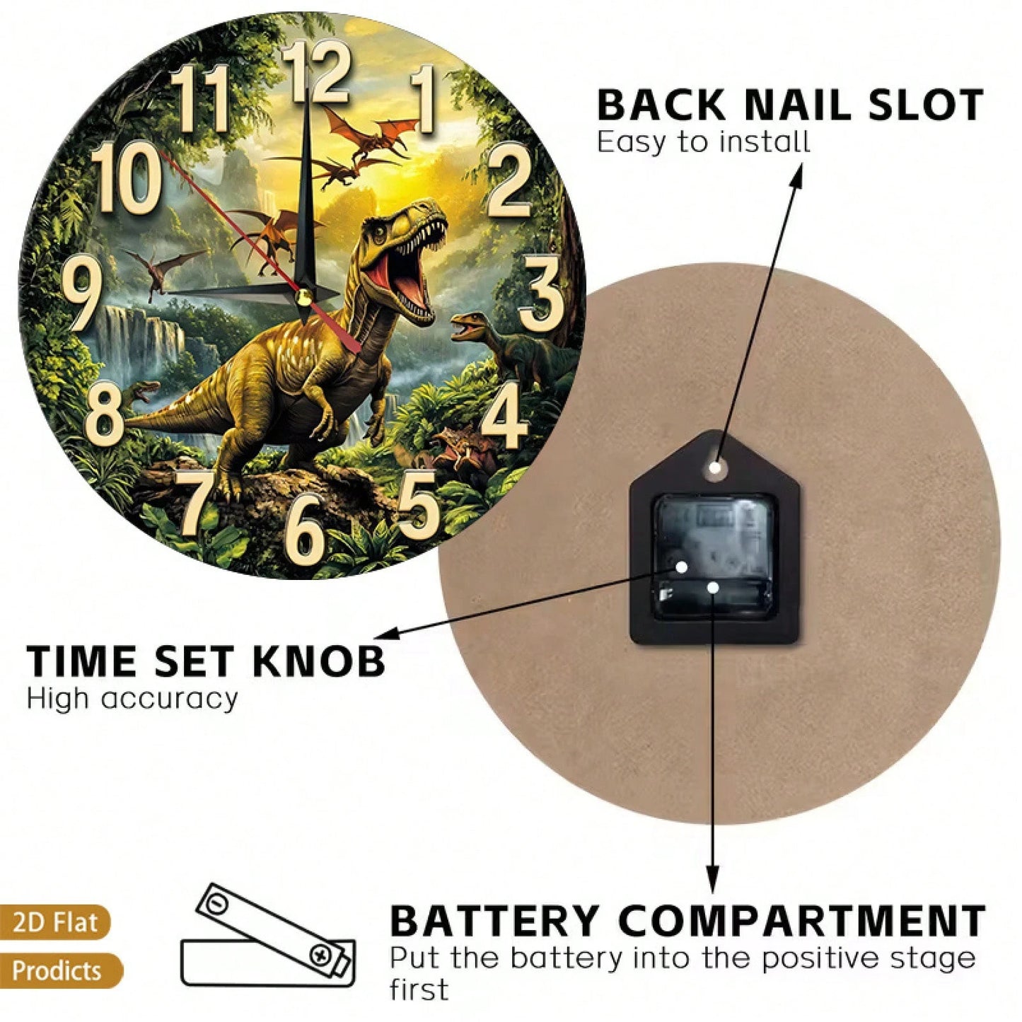 Dinosaur-Themed Silent Non-Ticking Wall Clock, Suitable For Rooms, Corridors, Bedrooms, And Living Rooms- 12inch Large Easy-To-Read Dinosaur Numbers