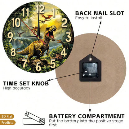 Dinosaur-Themed Silent Non-Ticking Wall Clock, Suitable For Rooms, Corridors, Bedrooms, And Living Rooms- 12inch Large Easy-To-Read Dinosaur Numbers