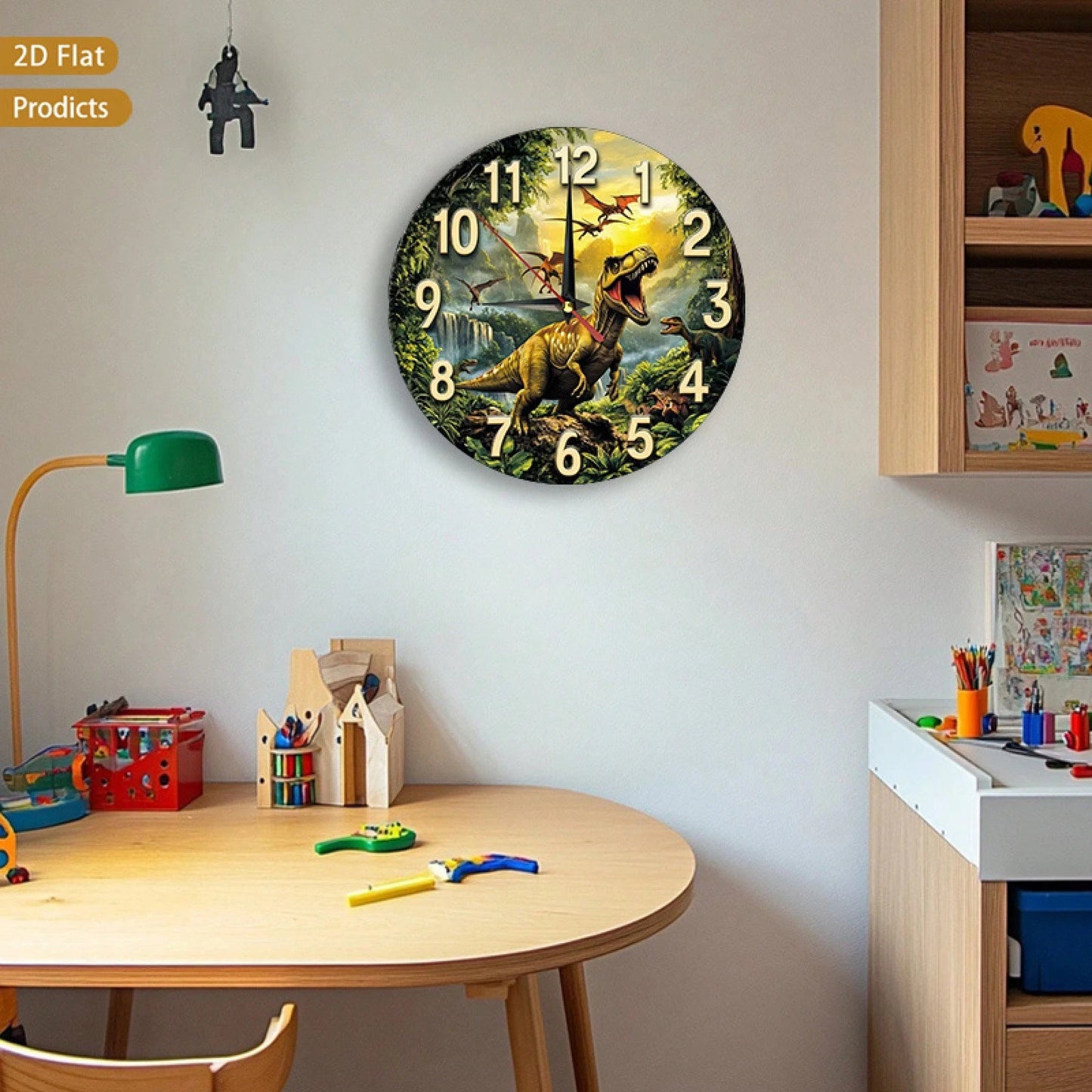 Dinosaur-Themed Silent Non-Ticking Wall Clock, Suitable For Rooms, Corridors, Bedrooms, And Living Rooms- 12inch Large Easy-To-Read Dinosaur Numbers