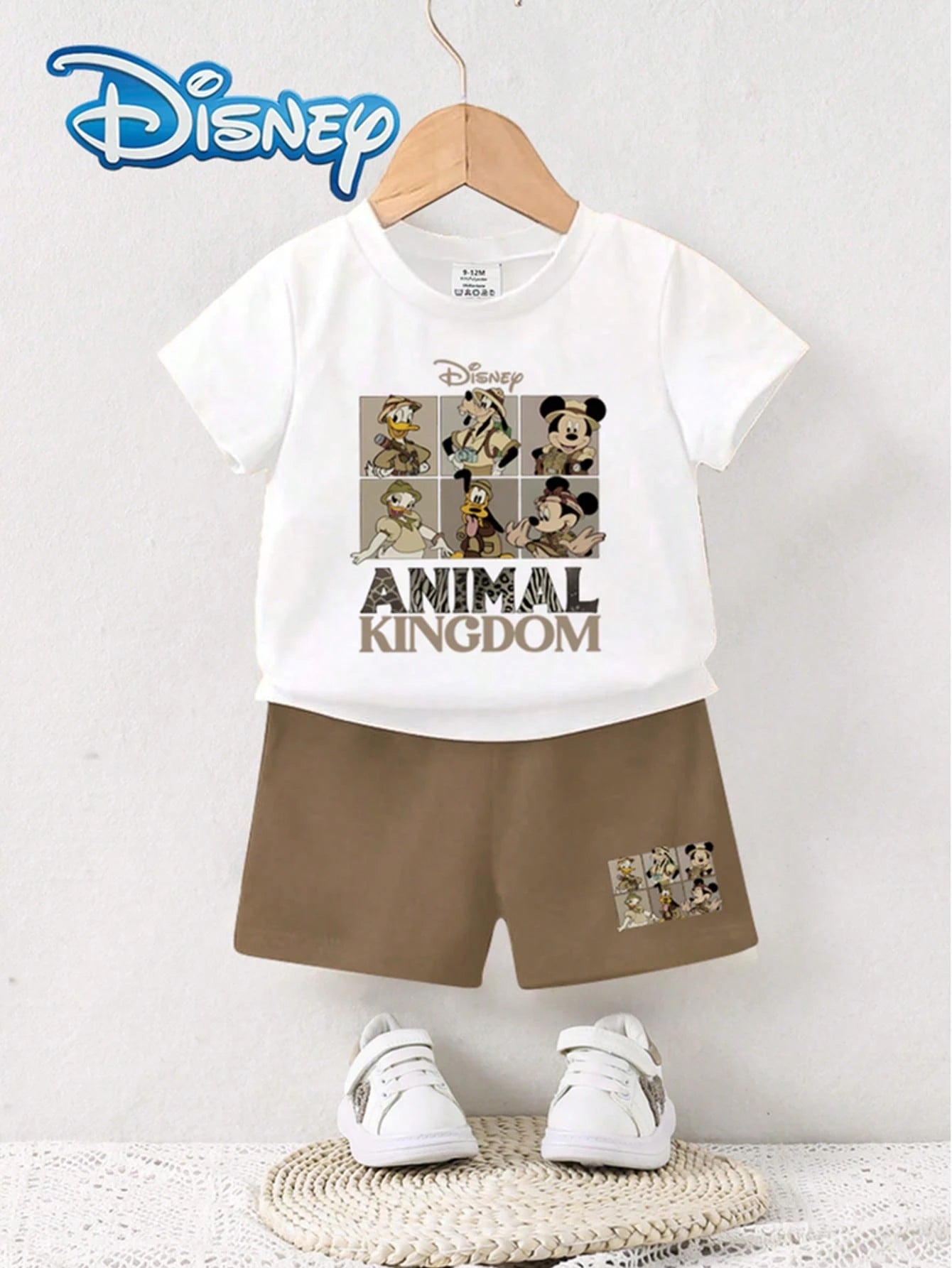 Disney Baby Boys 2-Piece Set, Graphic Short Sleeve Top And Solid Color Shorts, All-Match Vacation Outfit For Children, Cute Leopard Print & Letter Graphic T-Shirt And Elastic Waist Shorts