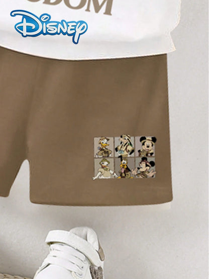 Disney Baby Boys 2-Piece Set, Graphic Short Sleeve Top And Solid Color Shorts, All-Match Vacation Outfit For Children, Cute Leopard Print & Letter Graphic T-Shirt And Elastic Waist Shorts