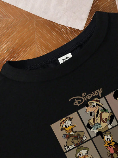 Disney Baby Boys 2-Piece Set, Graphic Short Sleeve Top And Solid Color Shorts, All-Match Vacation Outfit For Children, Cute Leopard Print & Letter Graphic T-Shirt And Elastic Waist Shorts