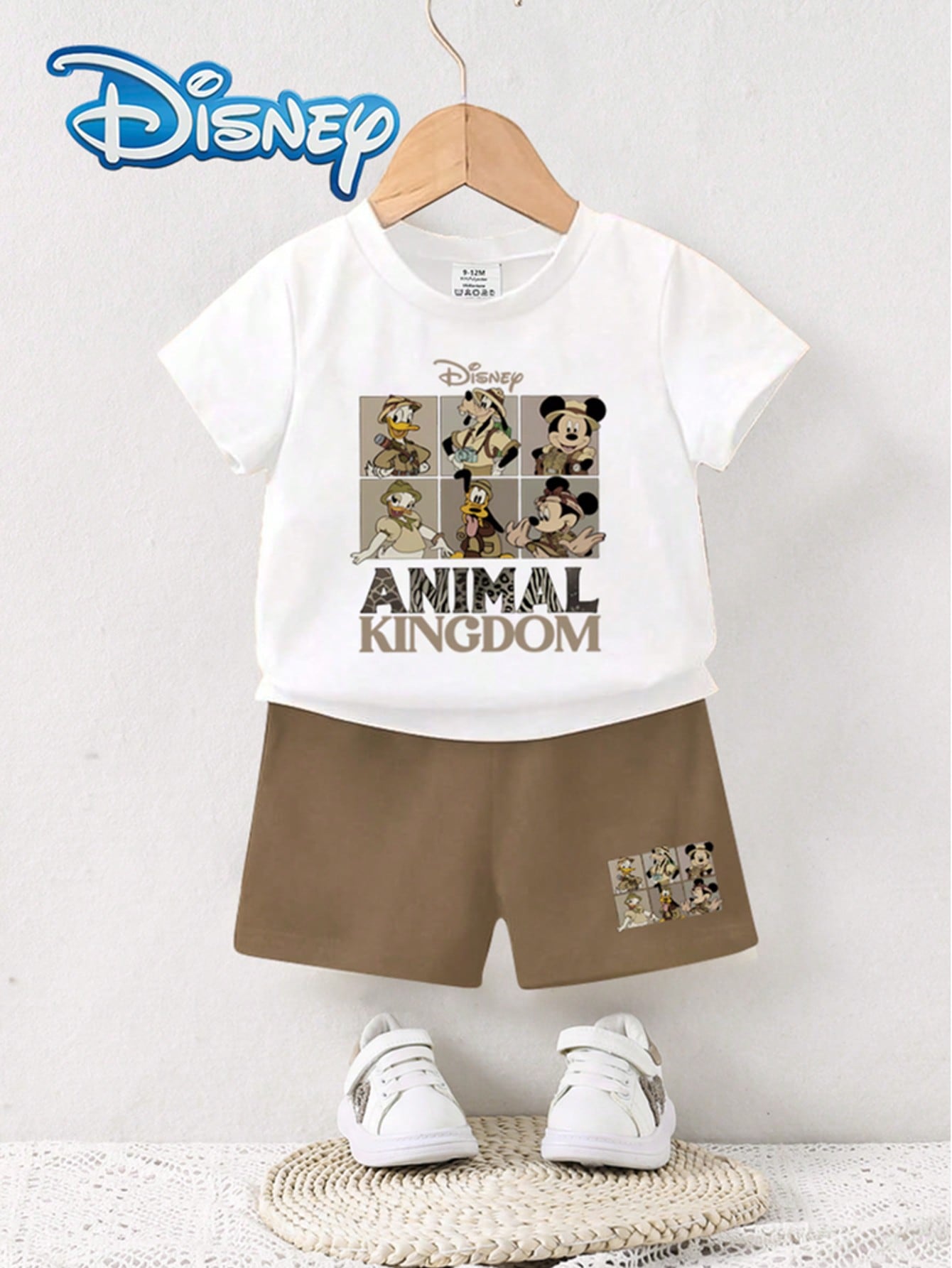 Disney Baby Boys 2-Piece Set, Graphic Short Sleeve Top And Solid Color Shorts, All-Match Vacation Outfit For Children, Cute Leopard Print & Letter Graphic T-Shirt And Elastic Waist Shorts