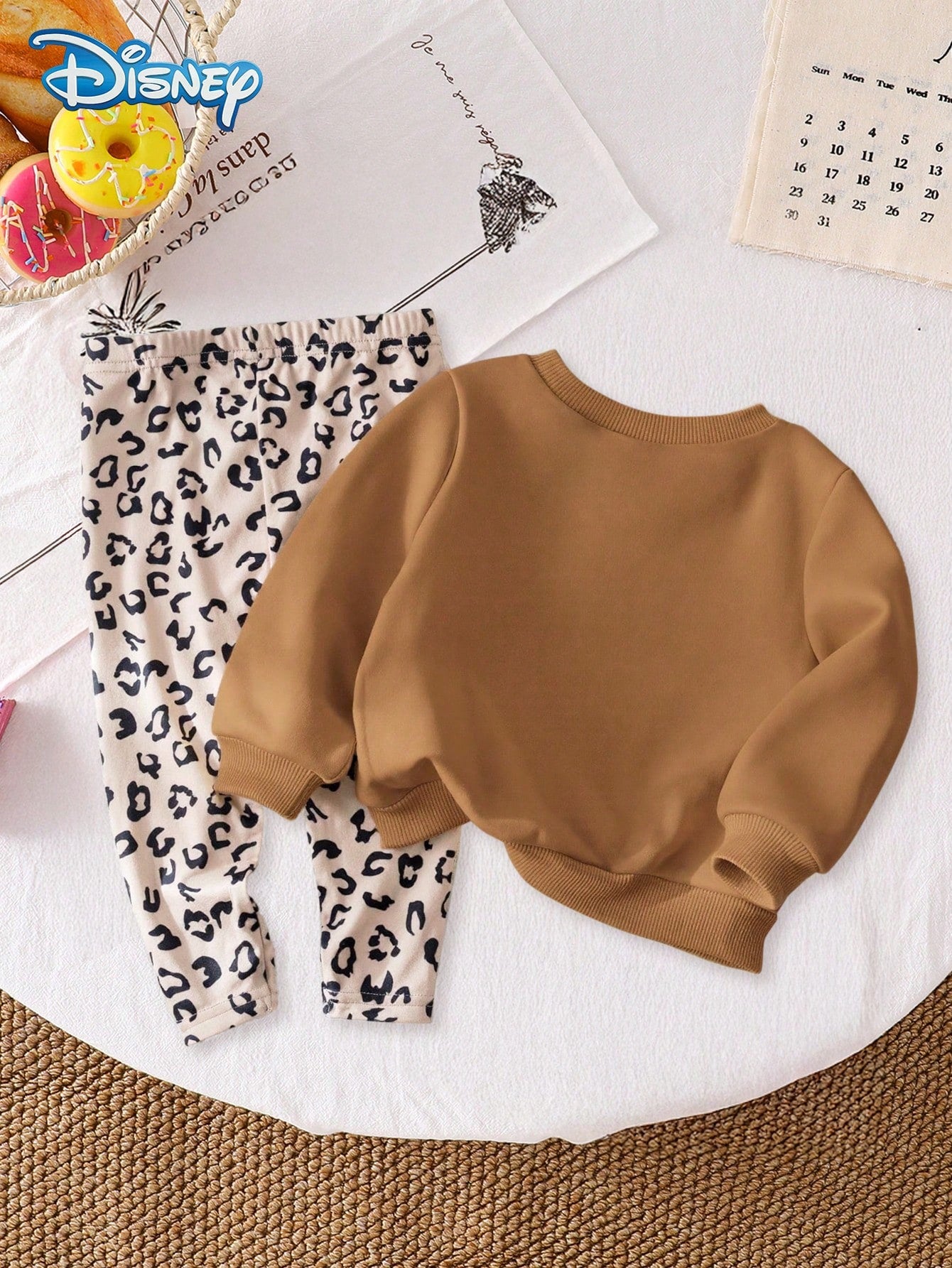 Disney Minnie Mouse 2Pcs Spring/Autumn Baby Girl Long Pants Set, Cute Cartoon Minnie Face Print Crew Neck Sweatshirt, Elastic Waist Leopard Print All-Over Print Slightly Stretchy Long Pants, Children'