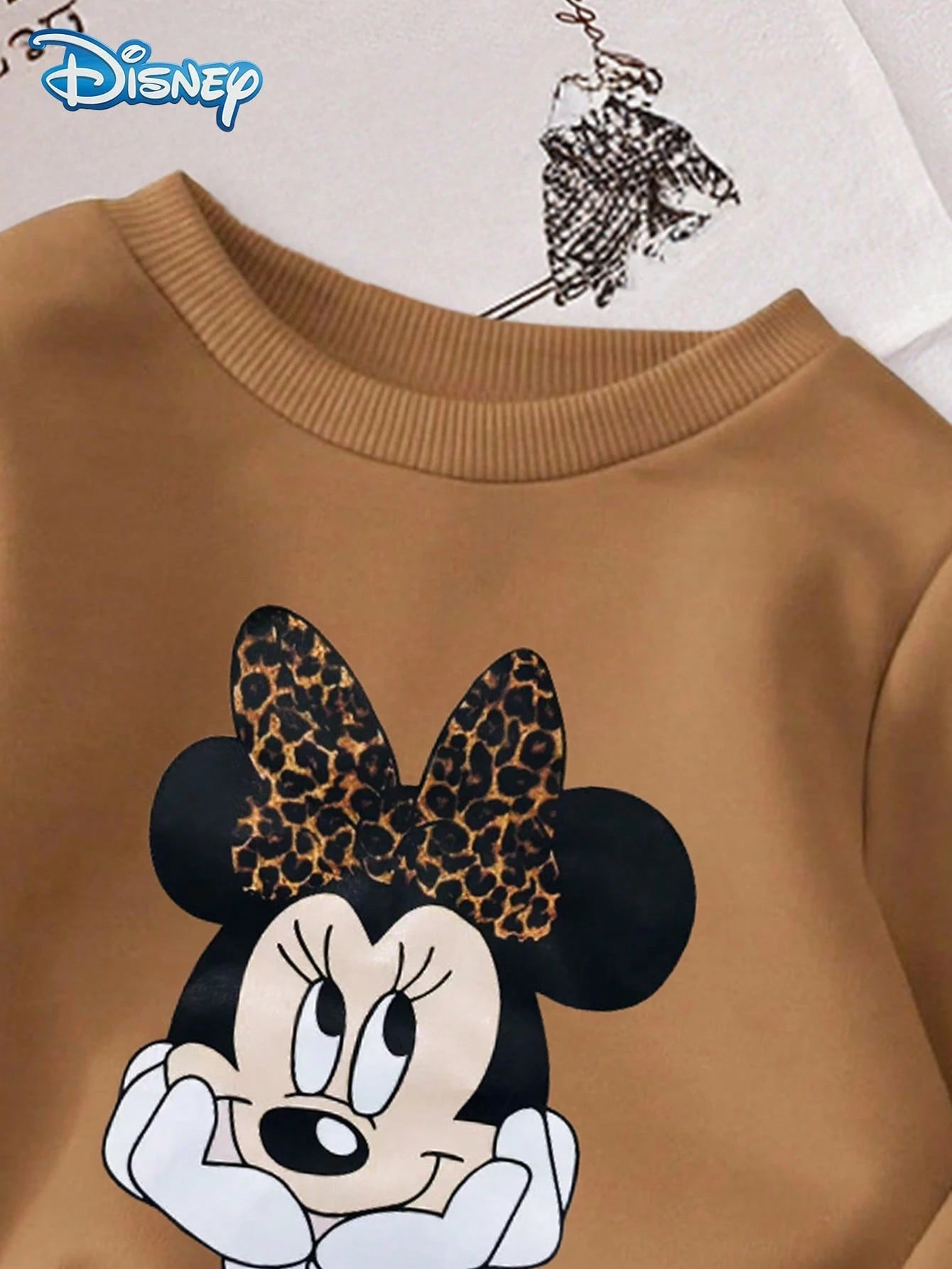 Disney Minnie Mouse 2Pcs Spring/Autumn Baby Girl Long Pants Set, Cute Cartoon Minnie Face Print Crew Neck Sweatshirt, Elastic Waist Leopard Print All-Over Print Slightly Stretchy Long Pants, Children'