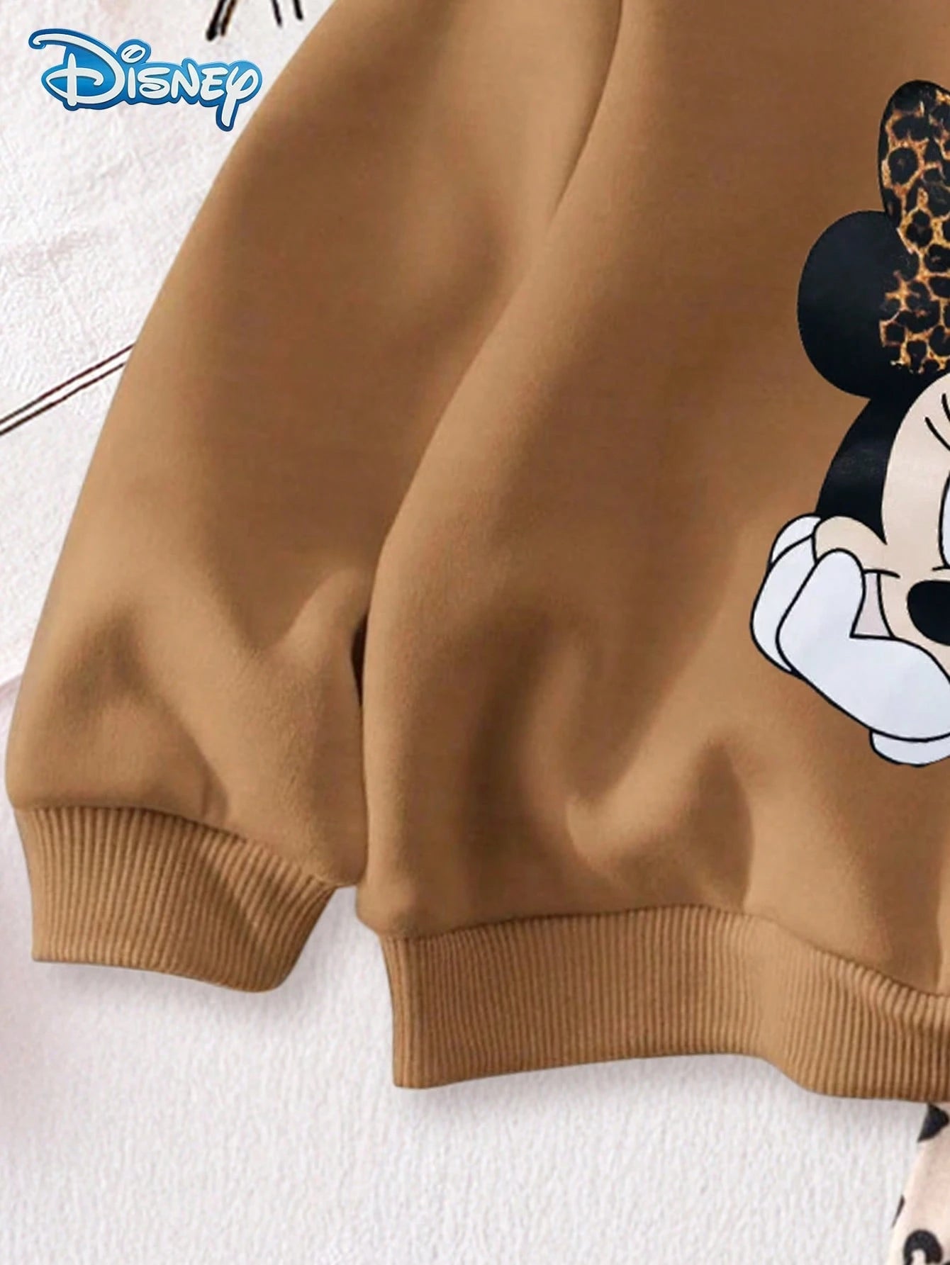 Disney Minnie Mouse 2Pcs Spring/Autumn Baby Girl Long Pants Set, Cute Cartoon Minnie Face Print Crew Neck Sweatshirt, Elastic Waist Leopard Print All-Over Print Slightly Stretchy Long Pants, Children'