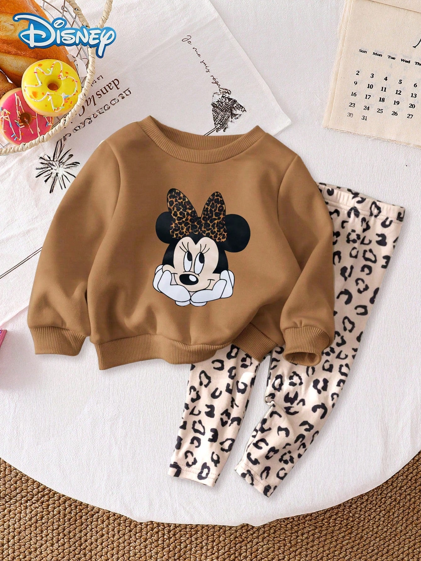Disney Minnie Mouse 2Pcs Spring/Autumn Baby Girl Long Pants Set, Cute Cartoon Minnie Face Print Crew Neck Sweatshirt, Elastic Waist Leopard Print All-Over Print Slightly Stretchy Long Pants, Children'