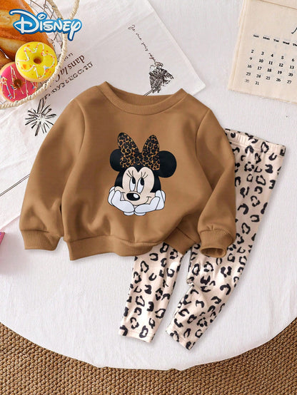 Disney Minnie Mouse 2Pcs Spring/Autumn Baby Girl Long Pants Set, Cute Cartoon Minnie Face Print Crew Neck Sweatshirt, Elastic Waist Leopard Print All-Over Print Slightly Stretchy Long Pants, Children'