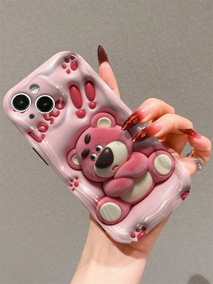Disney Strawberry Bear Cartoon Character TPU Phone Case, Cute Cartoon Winter Version, Suitable For Apple, With Wave Design, Camera Protection And Anti Drop Function, Suitable For Apple 17/16/15/14/13