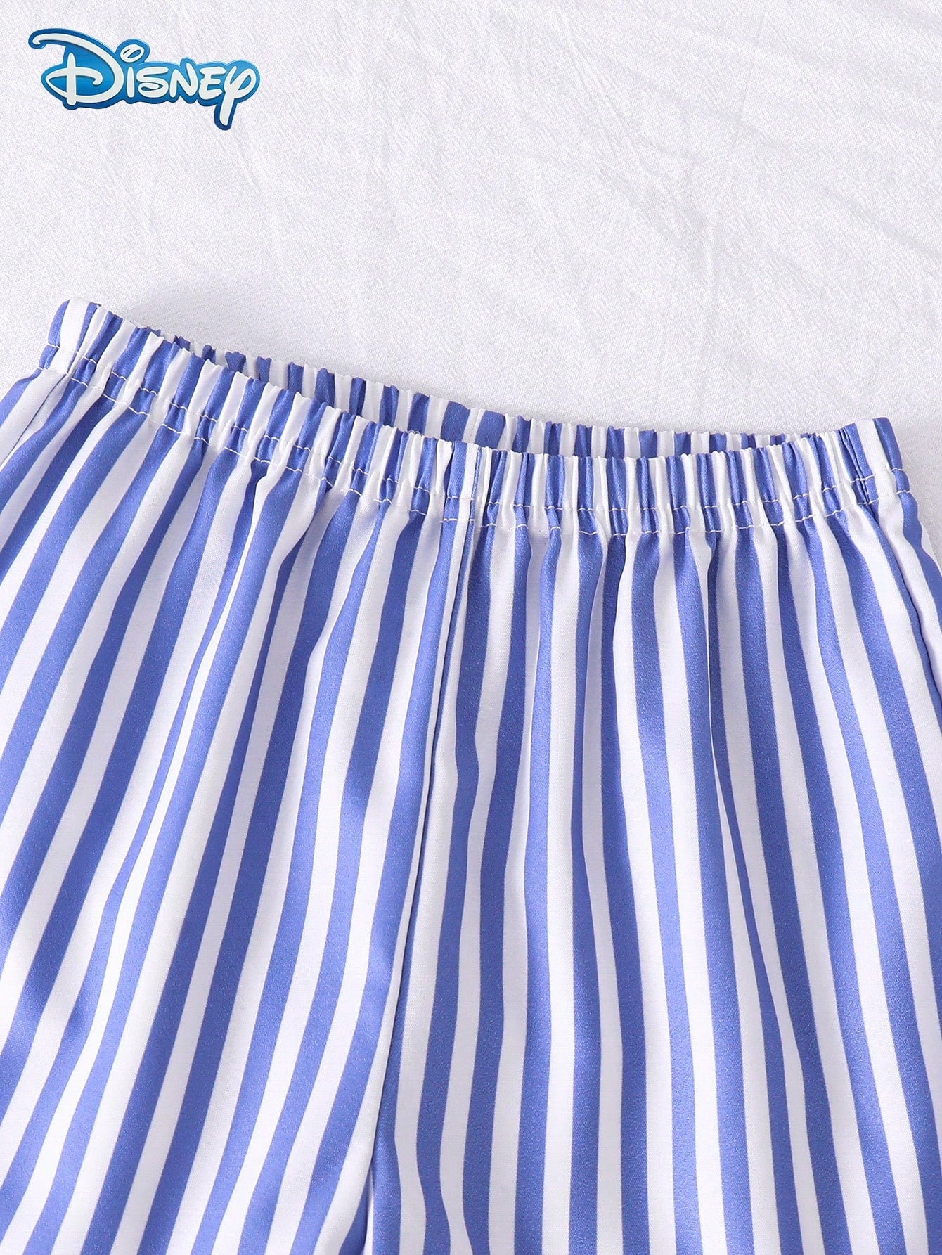 Disney Summer Baby Boy Mickey Wink Print Cute Short Sleeve Royal Blue T-Shirt & Vertical Striped Blue And White Colorblock Shorts Set, Cartoon Pattern, Slightly Elastic, Suitable For Infants And Newbo