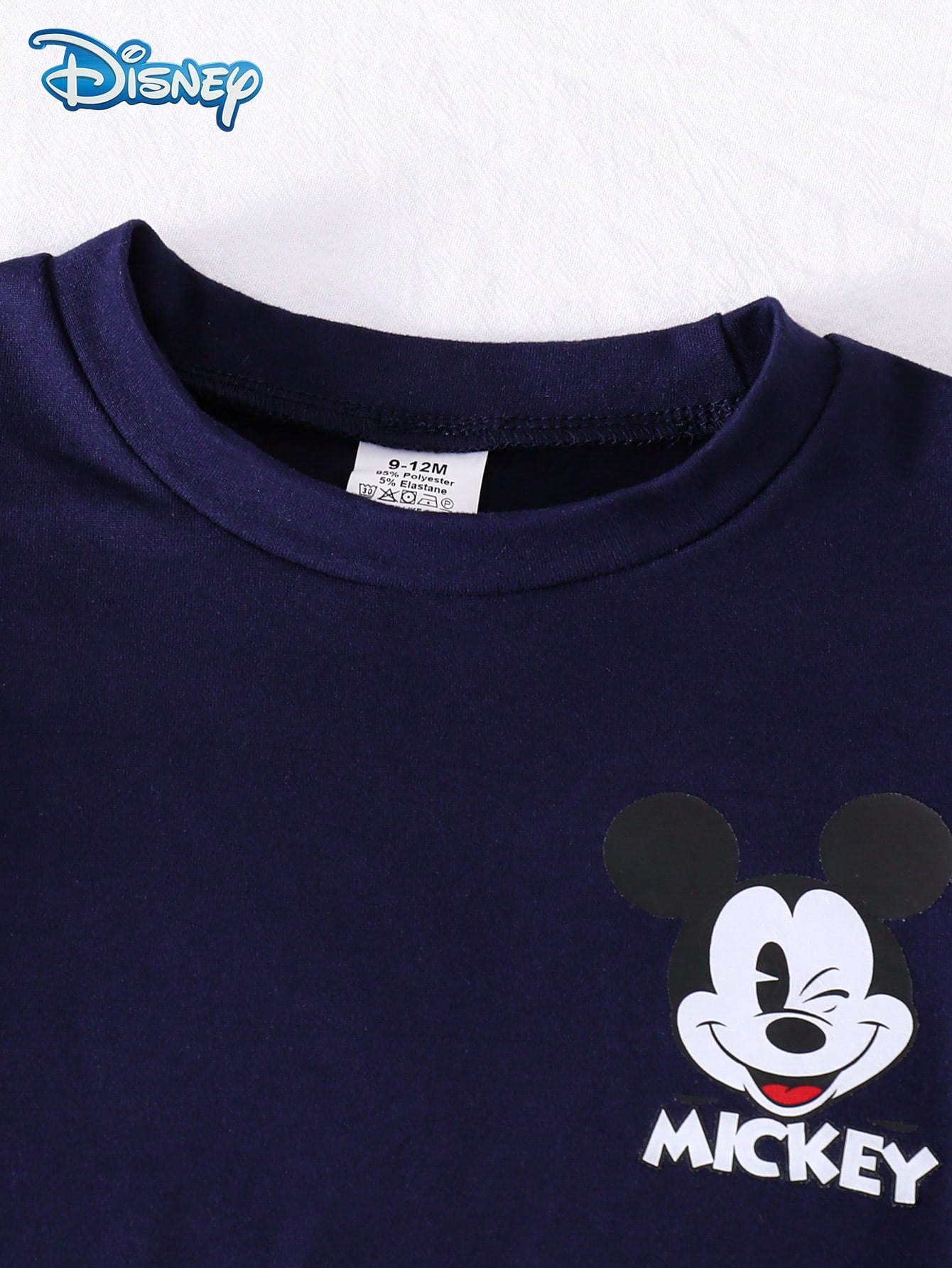 Disney Summer Baby Boy Mickey Wink Print Cute Short Sleeve Royal Blue T-Shirt & Vertical Striped Blue And White Colorblock Shorts Set, Cartoon Pattern, Slightly Elastic, Suitable For Infants And Newbo