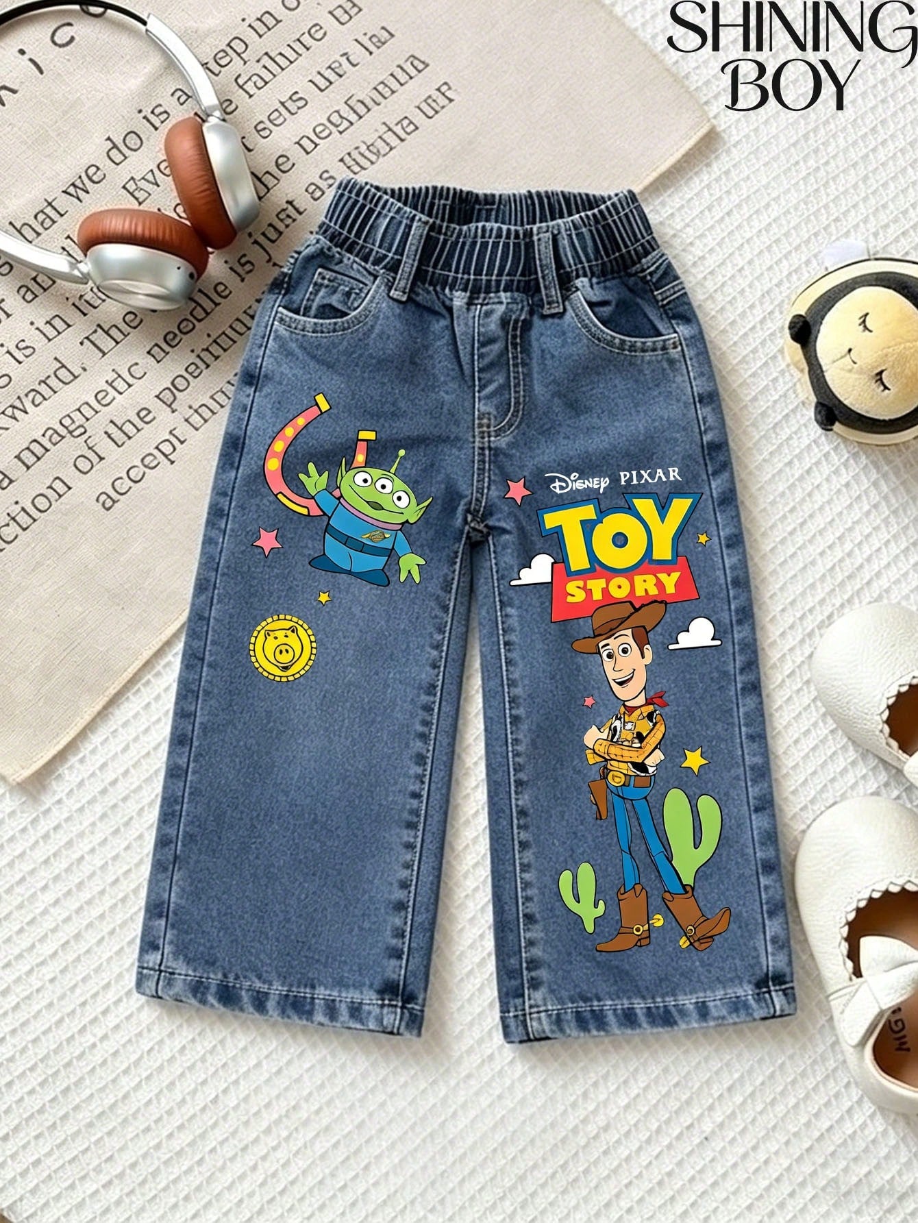 Disney Toy Story Elements Cartoon Print, Casual And Simple Jeans, Suitable For Wearing In All Seasons Of Spring, Summer, Autumn, And Winter, Suitable For Both Boys And Girls. Holiday Gift
