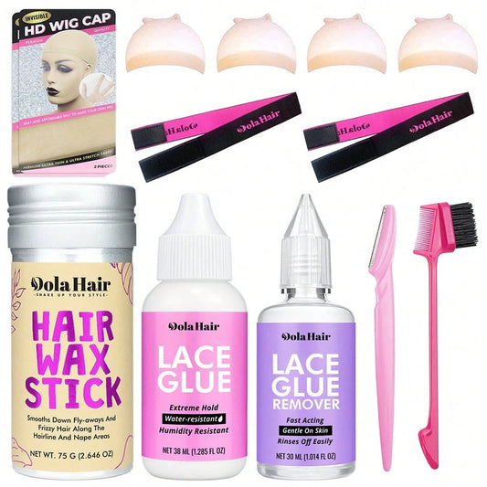 Dolahair Lace Glue Kit For Front Wigs- Invisible Bonding, Waterproof, Super Hold Hair Glue, Wig Cap, Wax Stick, Remover, Melting Bands, Edge Brush, Eyebrow Razor