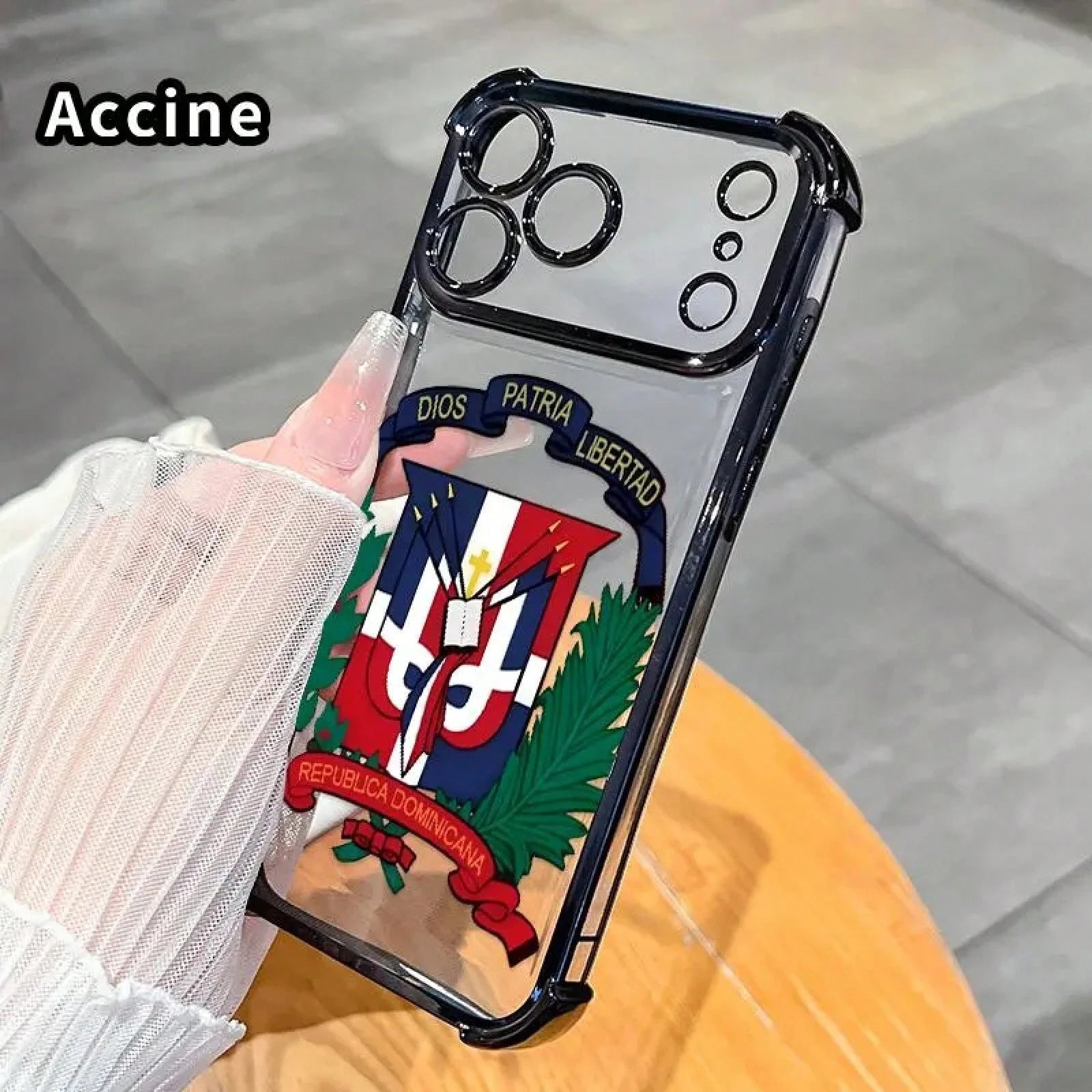 Dominican Republic Phone Case For IPhone 17 Pro Max, Clear TPU Protective Cover With Republica Dominicana Emblem Print, Shockproof Corner Protection Case, Blue Frame Transparent Phone Case For Daily U