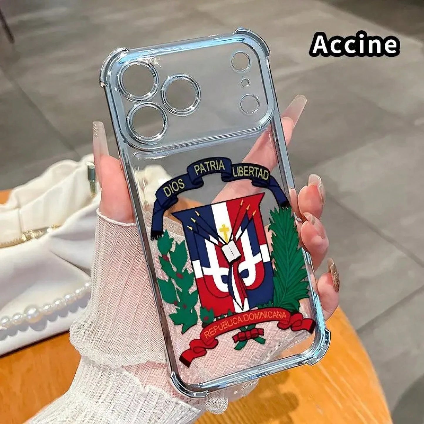 Dominican Republic Phone Case For IPhone 17 Pro Max, Clear TPU Protective Cover With Republica Dominicana Emblem Print, Shockproof Corner Protection Case, Blue Frame Transparent Phone Case For Daily U
