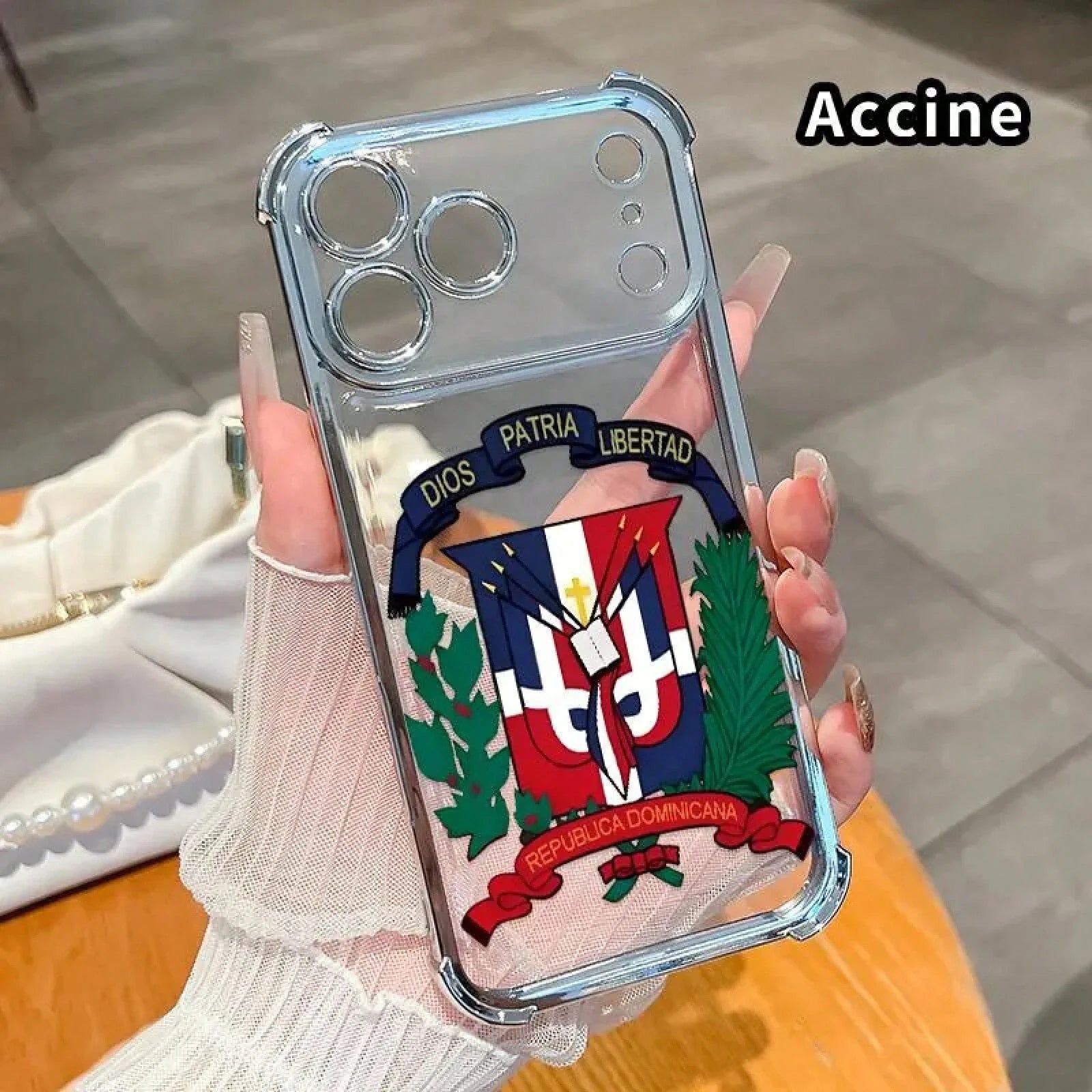 Dominican Republic Phone Case For IPhone 17 Pro Max, Clear TPU Protective Cover With Republica Dominicana Emblem Print, Shockproof Corner Protection Case, Blue Frame Transparent Phone Case For Daily U