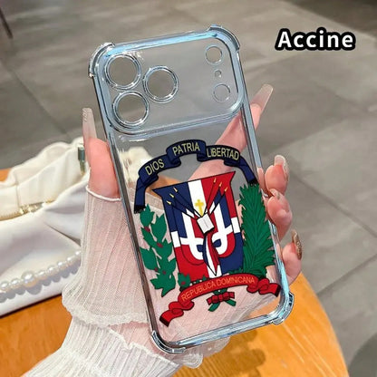 Dominican Republic Phone Case For IPhone 17 Pro Max, Clear TPU Protective Cover With Republica Dominicana Emblem Print, Shockproof Corner Protection Case, Blue Frame Transparent Phone Case For Daily U