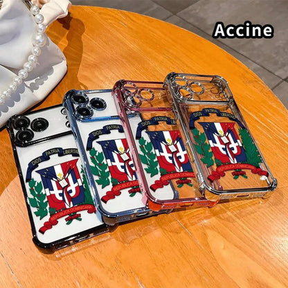 Dominican Republic Phone Case For IPhone 17 Pro Max, Clear TPU Protective Cover With Republica Dominicana Emblem Print, Shockproof Corner Protection Case, Blue Frame Transparent Phone Case For Daily U