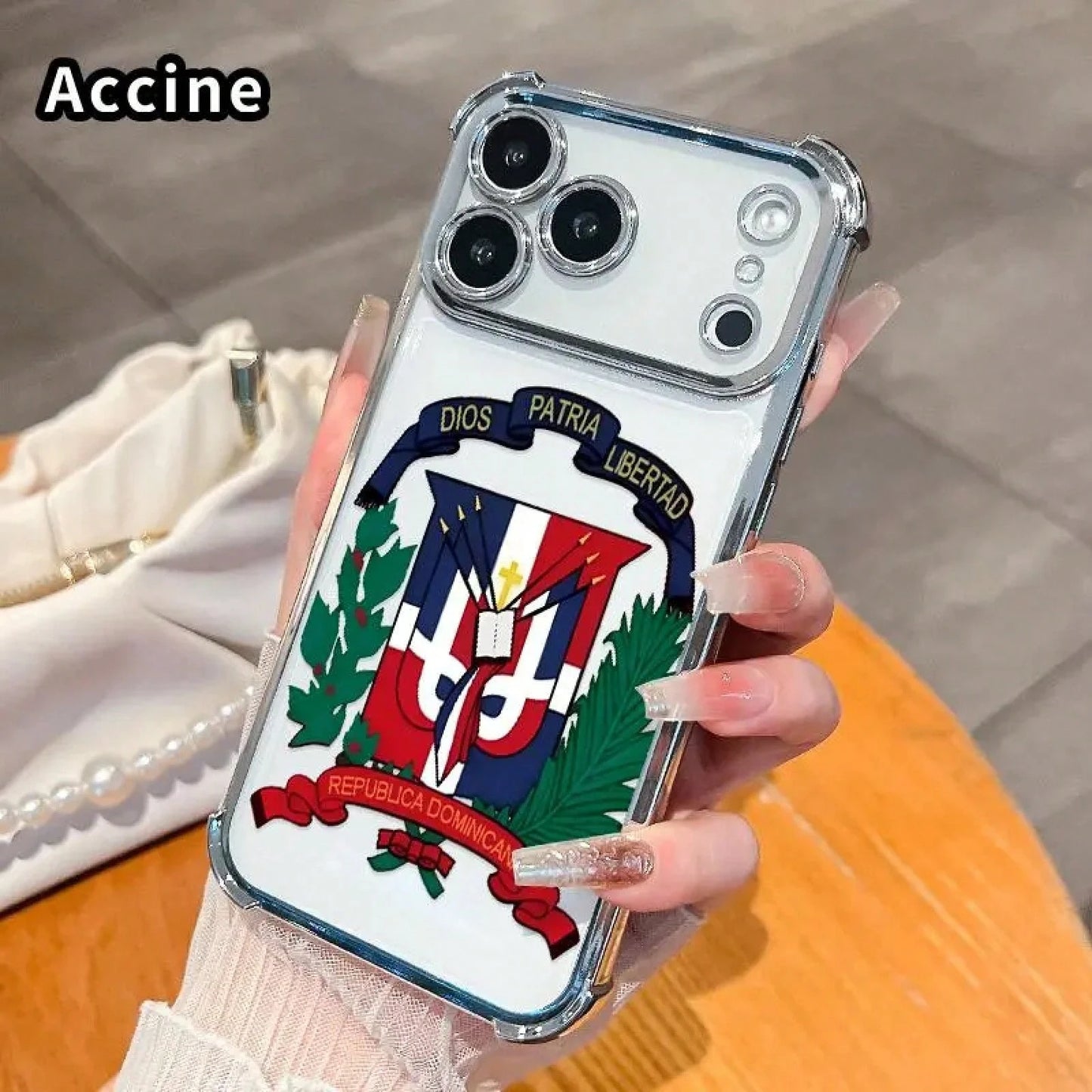 Dominican Republic Phone Case For IPhone 17 Pro Max, Clear TPU Protective Cover With Republica Dominicana Emblem Print, Shockproof Corner Protection Case, Blue Frame Transparent Phone Case For Daily U