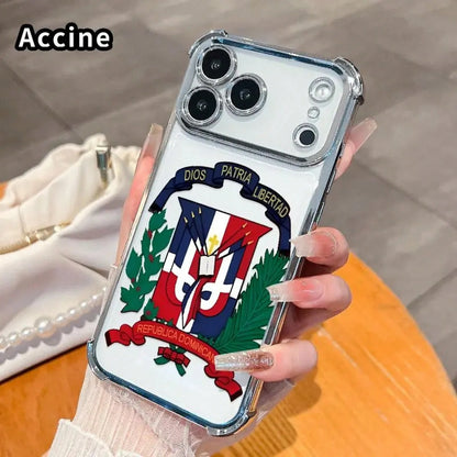 Dominican Republic Phone Case For IPhone 17 Pro Max, Clear TPU Protective Cover With Republica Dominicana Emblem Print, Shockproof Corner Protection Case, Blue Frame Transparent Phone Case For Daily U