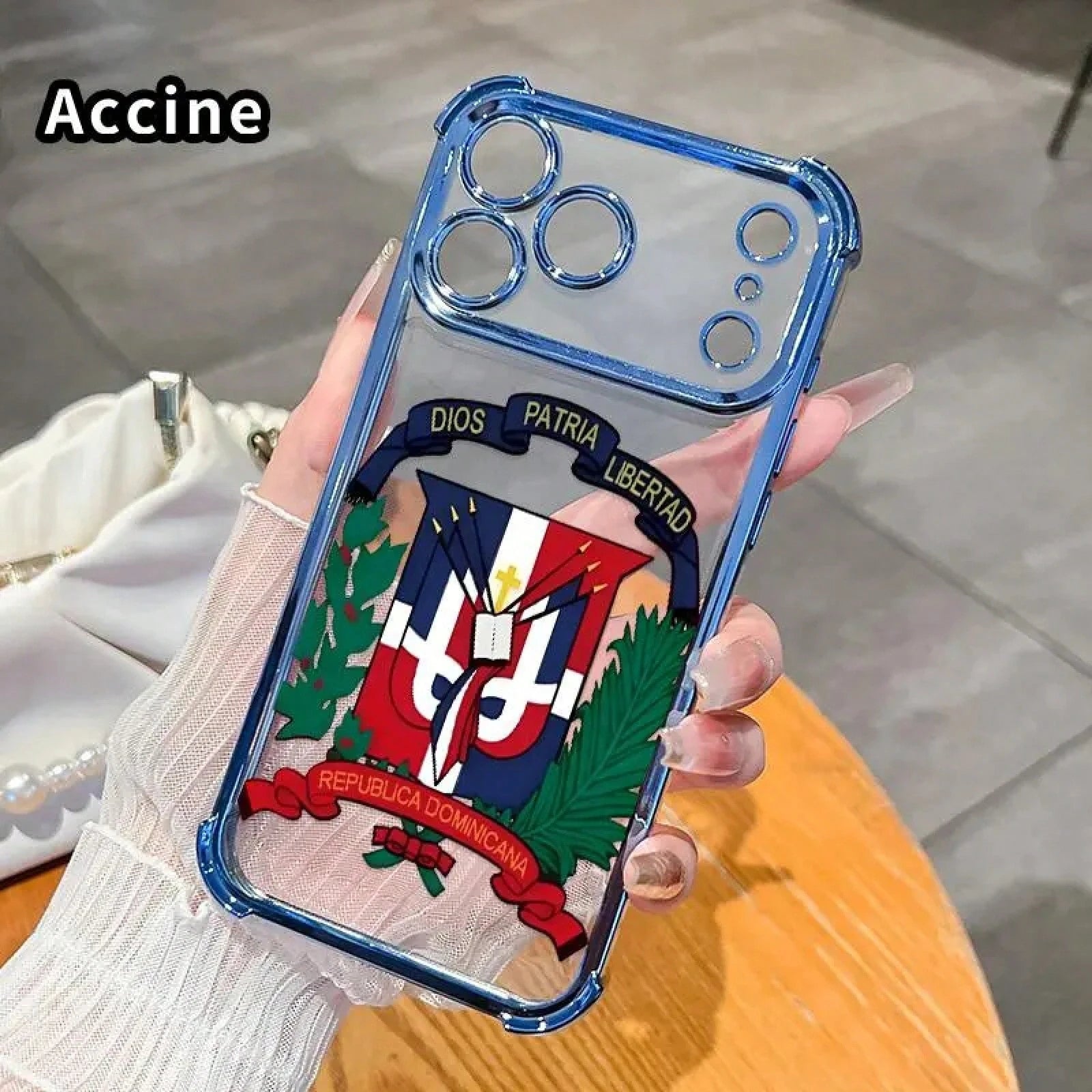 Dominican Republic Phone Case For IPhone 17 Pro Max, Clear TPU Protective Cover With Republica Dominicana Emblem Print, Shockproof Corner Protection Case, Blue Frame Transparent Phone Case For Daily U