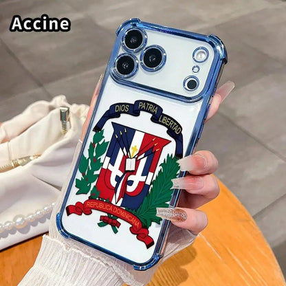 Dominican Republic Phone Case For IPhone 17 Pro Max, Clear TPU Protective Cover With Republica Dominicana Emblem Print, Shockproof Corner Protection Case, Blue Frame Transparent Phone Case For Daily U