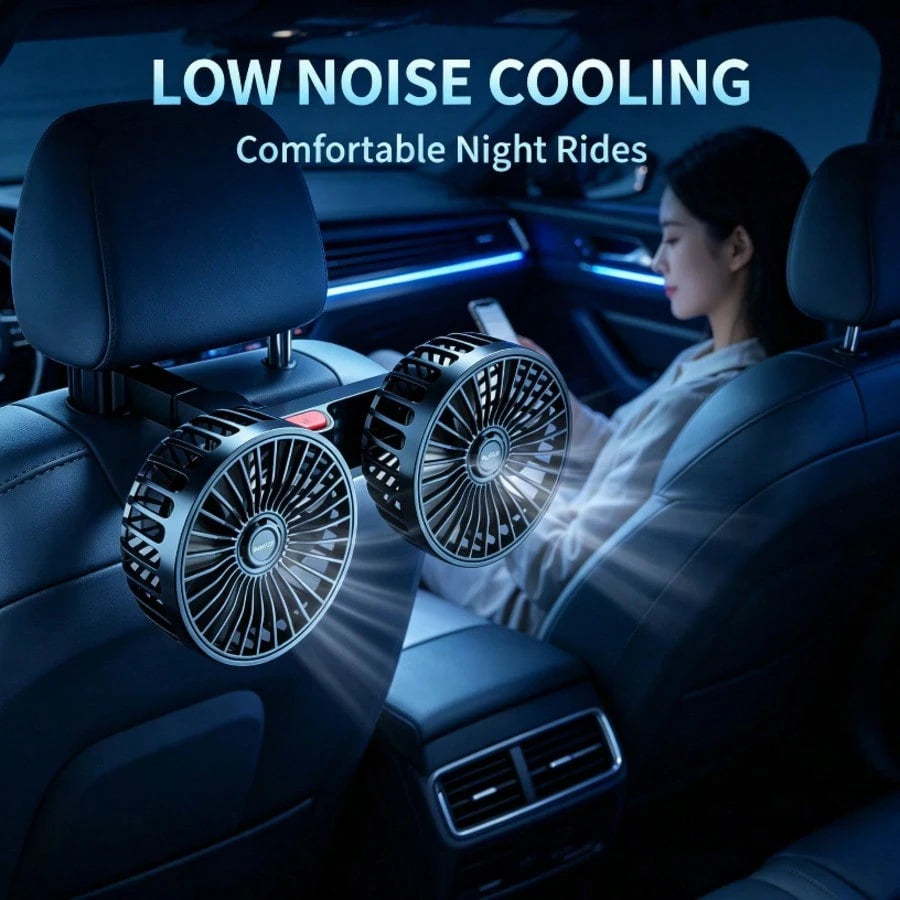 Double-Head Vehicle Rear Seat Fan, 360° Rotating USB-Powered Vehicle Cooling Fan, 120° Adjustable Fan Head, Silent Portable Fan